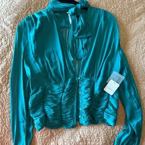 Teal Button-Up Blouse with Bow